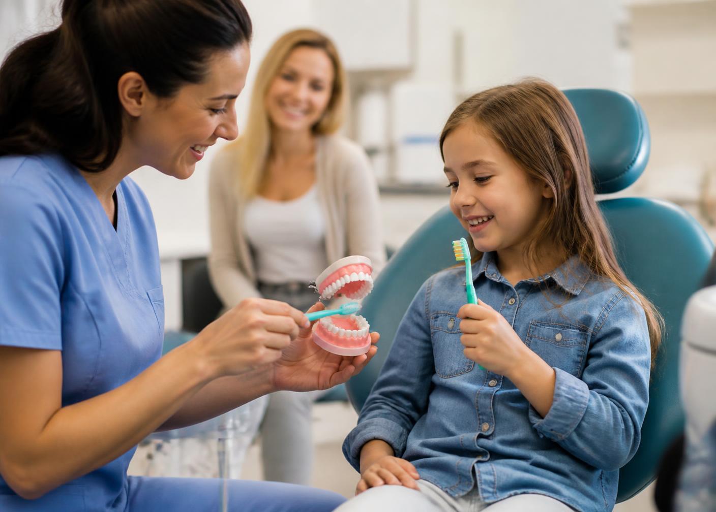 A dental hygienist teaching a young girl how to brush during her check-up