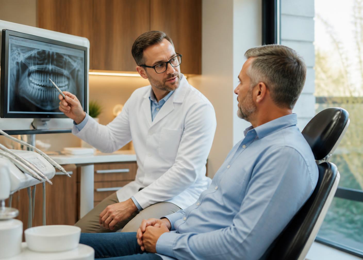 A dentist reviewing an x-ray and treatment plan with a patient