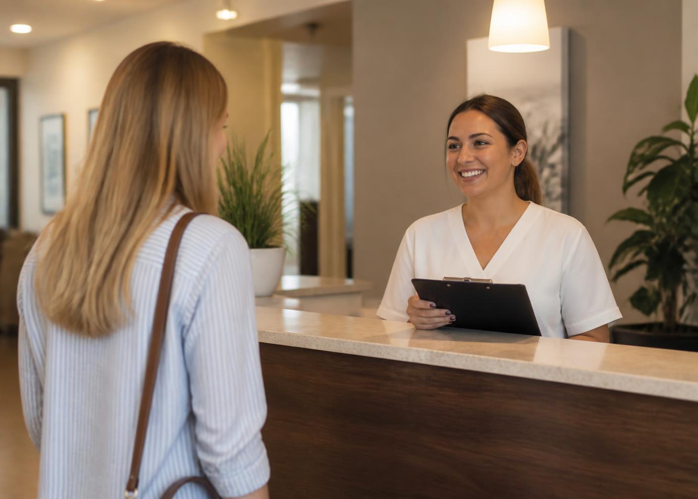 A team member welcoming a patient at the Cedar Family Dental front desk