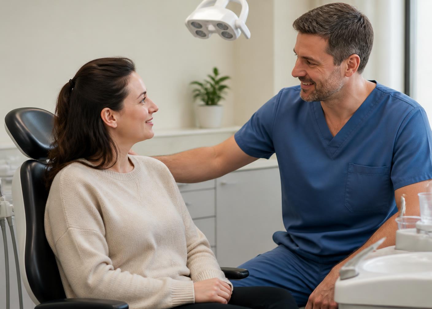 A dentist reassuring a patient seated in the dental chair before treatment